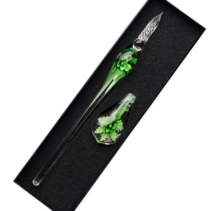 SIPLIV Crystal Glass Intarsia Dip Pen Fountain Pen Kit Vintage Calligraphy Signatures Pen, Green - Image 1